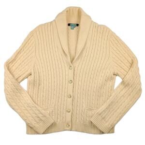 VTG Ralph Lauren Cable Knit Button Up Sweater Shawl Collar XL Tan